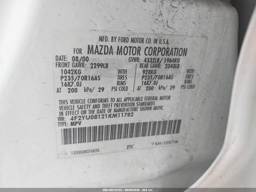 2001 Mazda Tribute Es V6/Lx V6 VIN: 4F2YU08121KM11782 Lot: 45310122