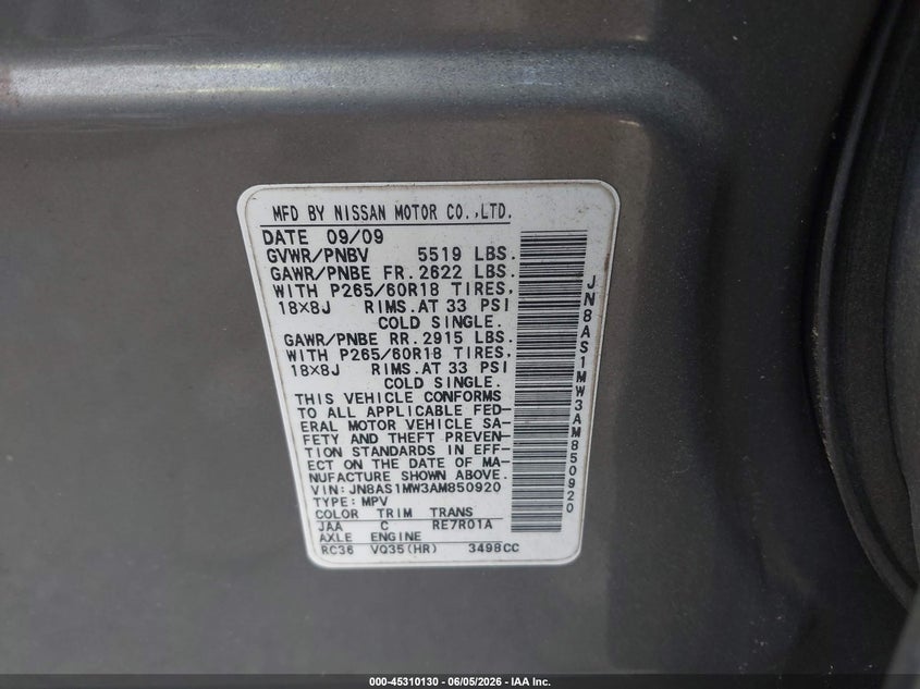2010 Infiniti Fx35 VIN: JN8AS1MW3AM850920 Lot: 45310130
