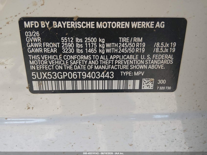 2026 BMW X3 30 xDrive VIN: 5UX53GP06T9403443 Lot: 45310143