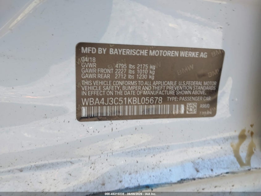 2019 BMW 430I Gran Coupe xDrive VIN: WBA4J3C51KBL05678 Lot: 45310235