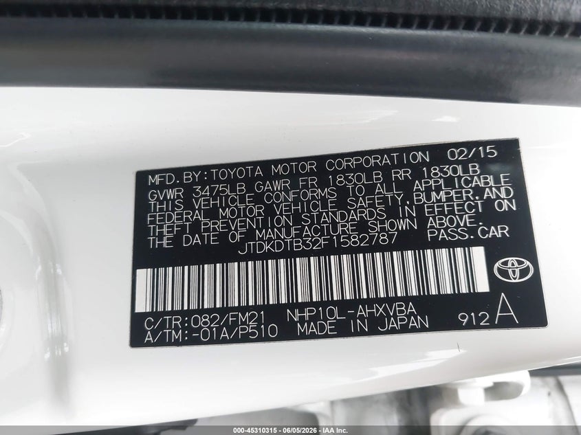 2015 Toyota Prius C Two VIN: JTDKDTB32F1582787 Lot: 45310315