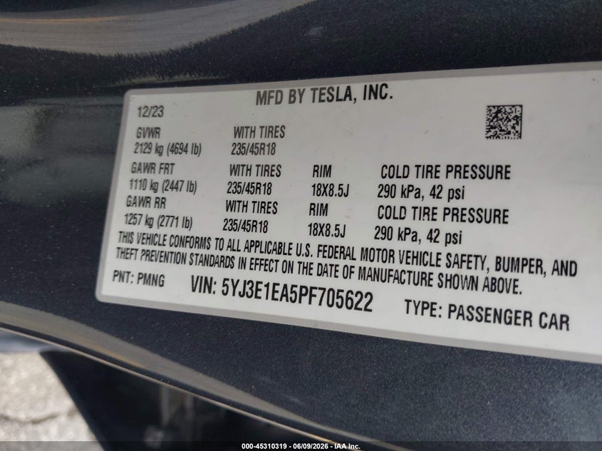 2023 Tesla Model 3 Rear-Wheel Drive VIN: 5YJ3E1EA5PF705622 Lot: 45310319