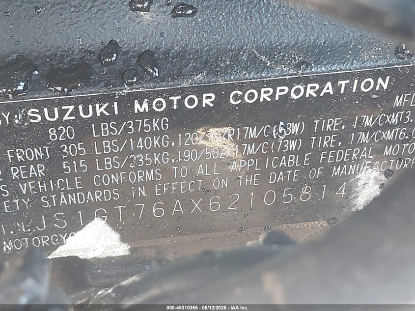 2006 Suzuki Gsx-R1000 VIN: JS1GT76AX62105814 Lot: 45310366