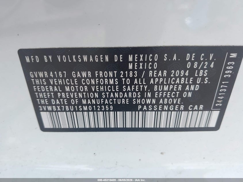 2025 Volkswagen Jetta 1.5T Sport VIN: 3VWBX7BU1SM012359 Lot: 45310409