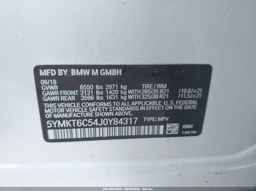 2018 BMW X5 M VIN: 5YMKT6C54J0Y84317 Lot: 45310430