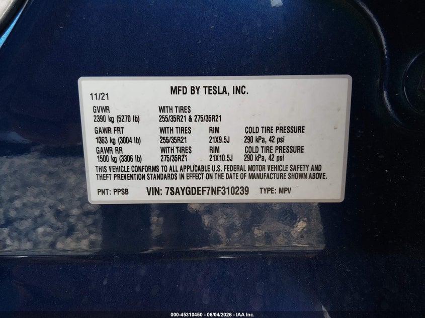2022 Tesla Model Y Performance Dual Motor All-Wheel Drive VIN: 7SAYGDEF7NF310239 Lot: 45310450