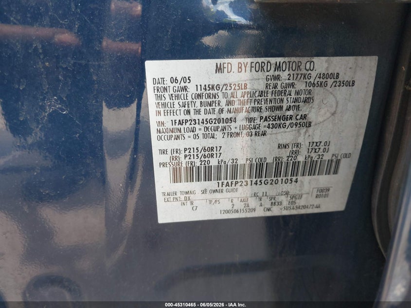 2005 Ford Five Hundred Se VIN: 1FAFP23145G201054 Lot: 45310465