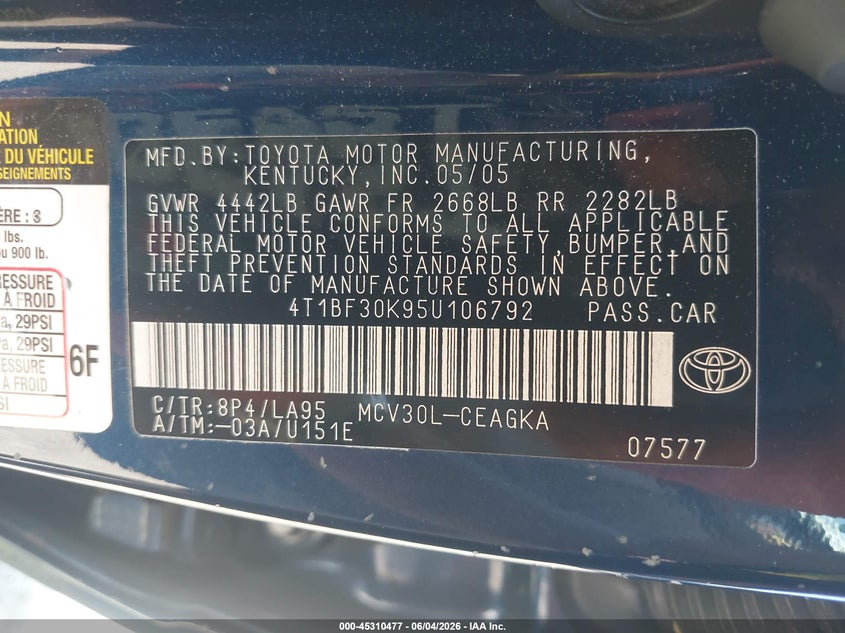 2005 Toyota Camry Xle V6 VIN: 4T1BF30K95U106792 Lot: 45310477