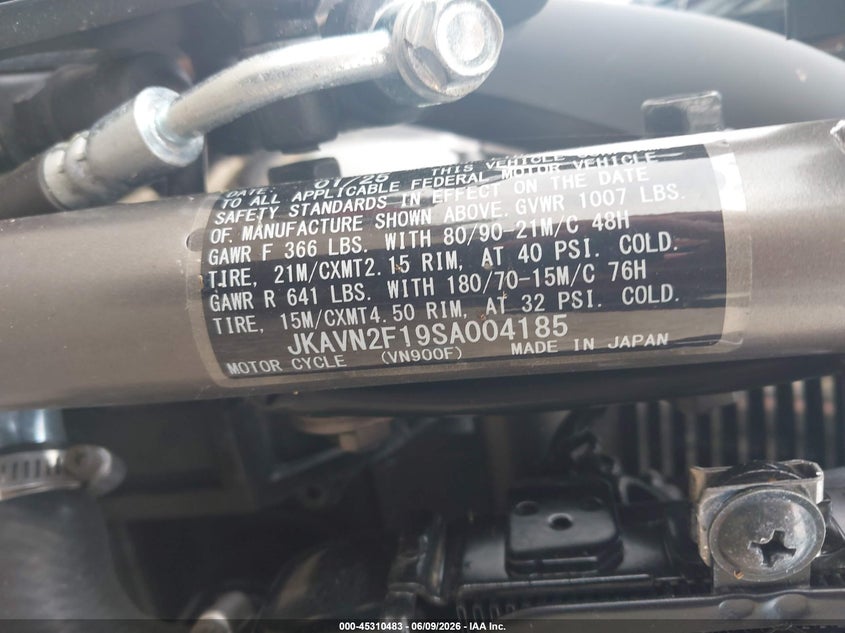 2025 Kawasaki Vn900 F VIN: JKAVN2F19SA004185 Lot: 45310483