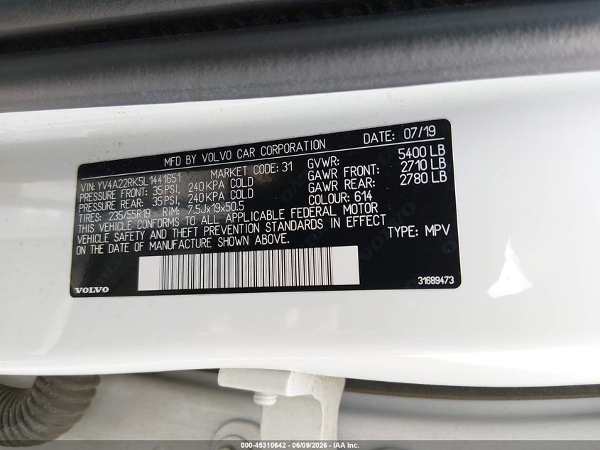 2020 Volvo Xc60 T6 Momentum VIN: YV4A22RK5L1441651 Lot: 45310642