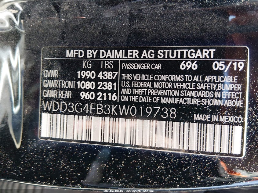 2019 Mercedes-Benz A 220 VIN: WDD3G4EB3KW019738 Lot: 45310646