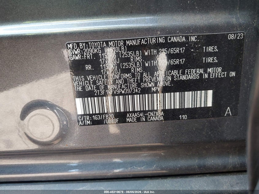 2023 TOYOTA RAV4 2.5L I-4 DI, DOHC, V(VIN: 2T3F1RFV9PW397342