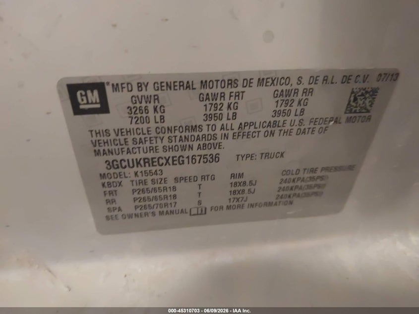 CHEVROLET SILVERADO 1500 2014 VIN 3GCUKRECXEG167536