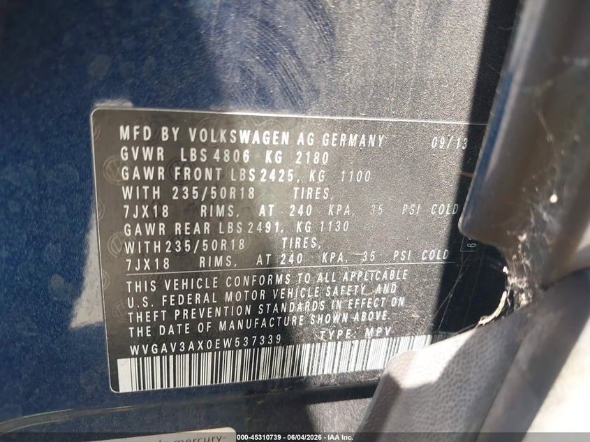 2014 Volkswagen Tiguan Sel VIN: WVGAV3AX0EW537339 Lot: 45310739