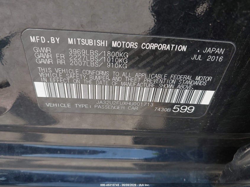 2017 Mitsubishi Lancer Es VIN: JA32U2FUXHU001713 Lot: 45310745
