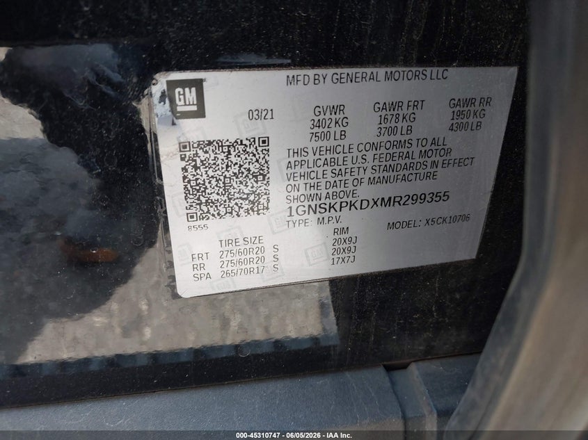 2021 CHEVROLET TAHOE 5.3L V-8 DI, VVT, 35(VIN: 1GNSKPKDXMR299355