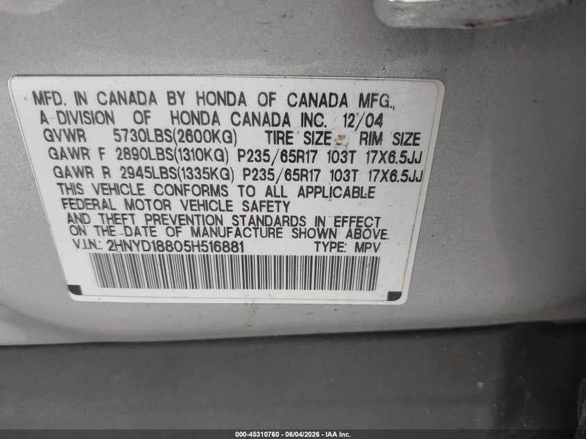 2005 Acura Mdx VIN: 2HNYD18805H516881 Lot: 45310760