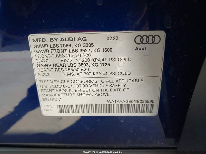 2022 Audi E-Tron Premium Quattro VIN: WA1AAAGE0NB025995 Lot: 45310824