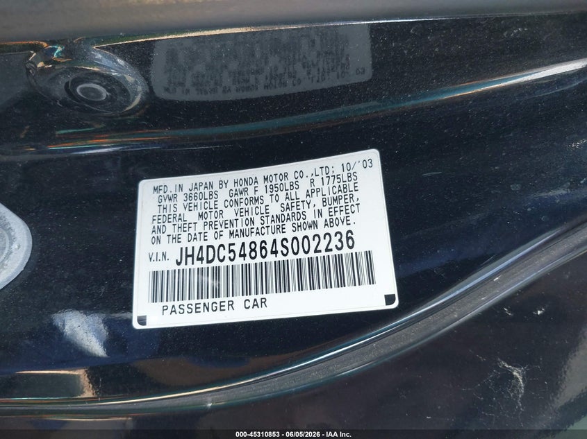 2004 Acura Rsx VIN: JH4DC54864S002236 Lot: 45310853
