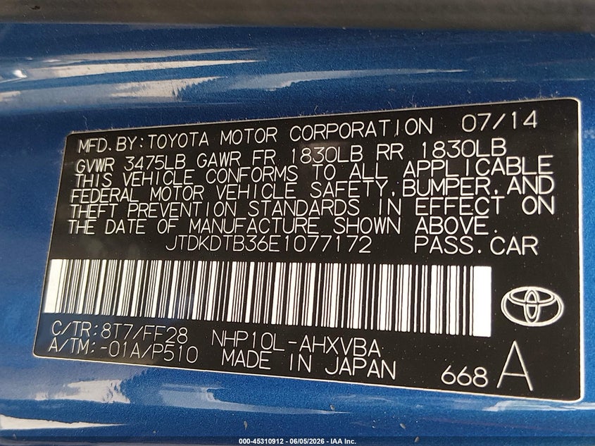 2014 Toyota Prius C Two VIN: JTDKDTB36E1077172 Lot: 45310912