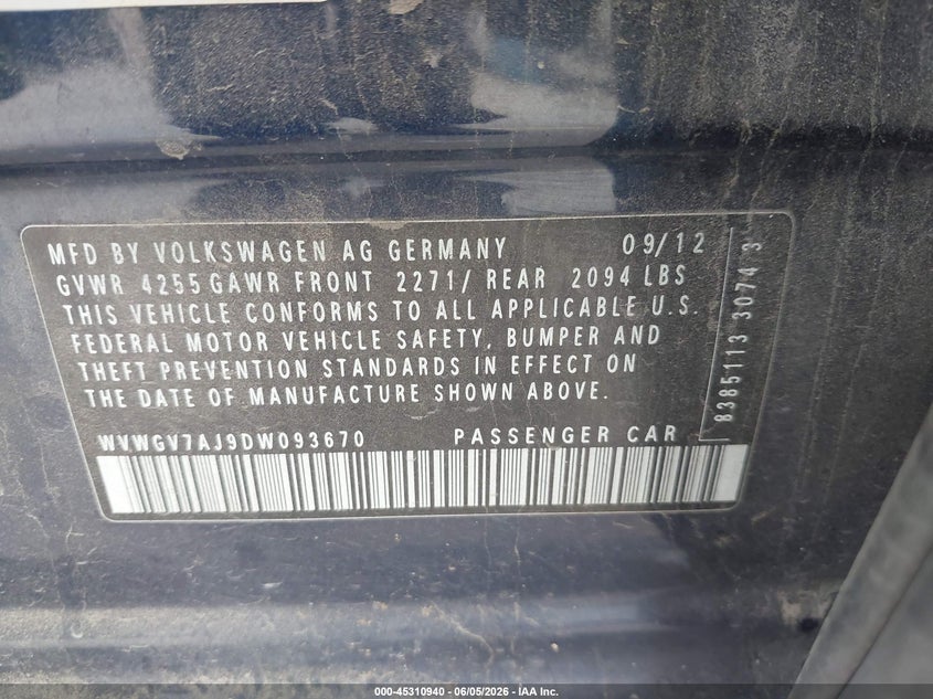 2013 Volkswagen Gti 4-Door Autobahn VIN: WVWGV7AJ9DW093670 Lot: 45310940