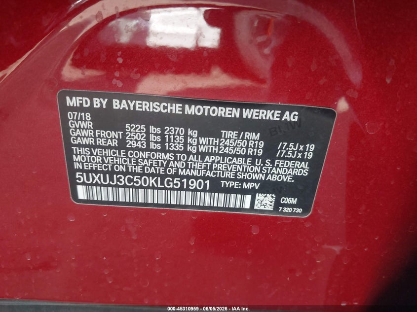 2019 BMW X4 xDrive30I VIN: 5UXUJ3C50KLG51901 Lot: 45310959