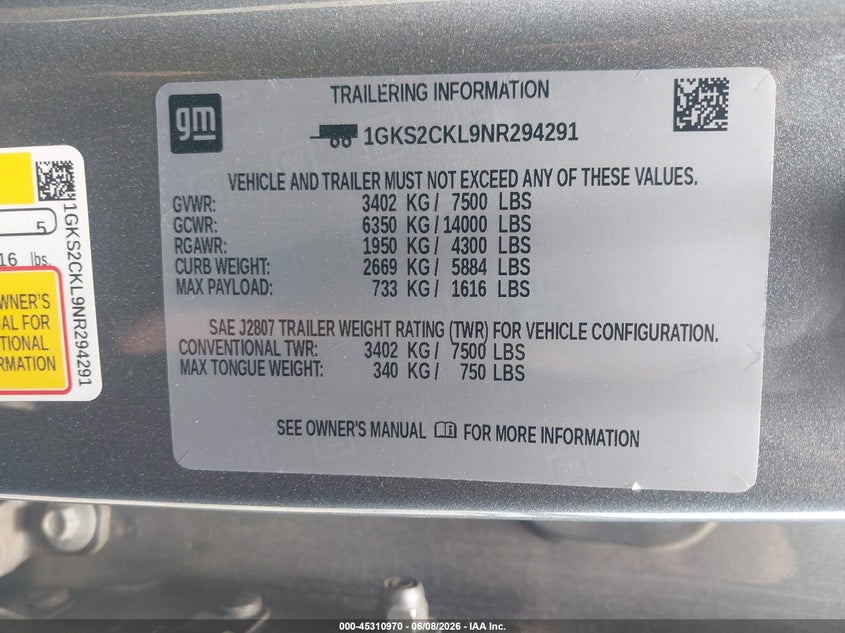 GMC YUKON 2022 VIN 1GKS2CKL9NR294291