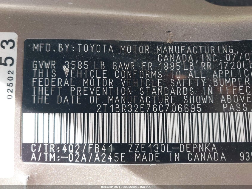 2006 TOYOTA COROLLA SEDAN 1.8L I-4 DOHC, VVT, 126HP