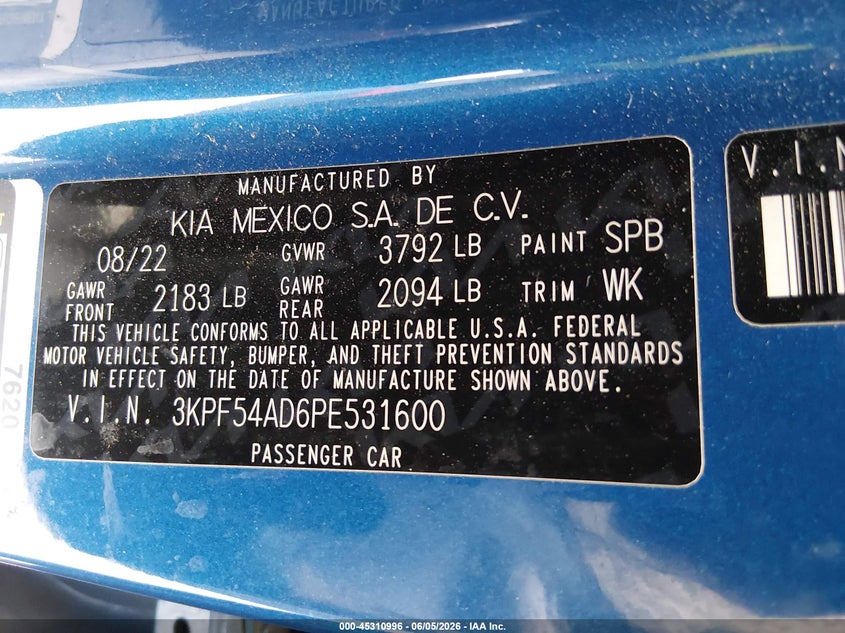 2023 KIA FORTE 2.0L I-4 DOHC, VVT, (VIN: 3KPF54AD6PE531600