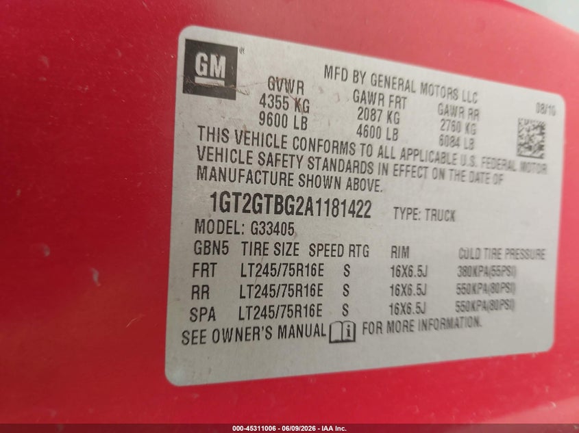 2010 GMC Savana 3500 Work Van VIN: 1GT2GTBG2A1181422 Lot: 45311006