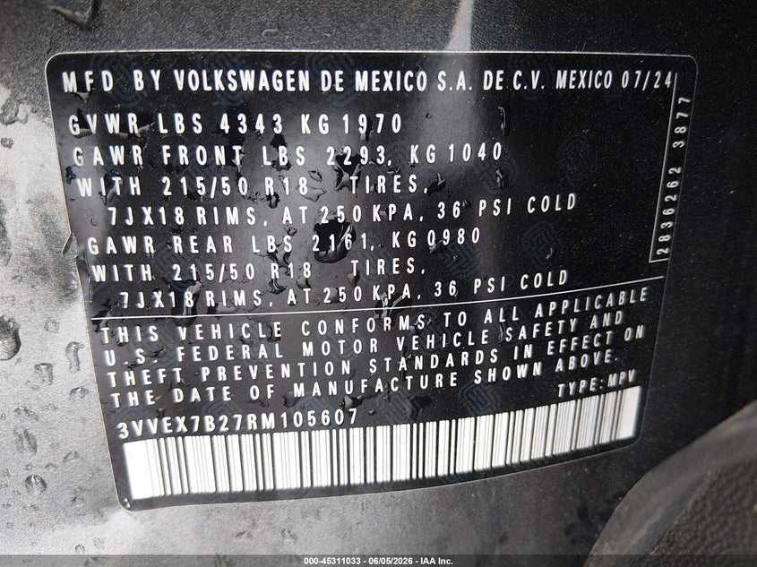 2024 VOLKSWAGEN TAOS 1.5L I-4 DI, DOHC, V(VIN: 3VVEX7B27RM105607