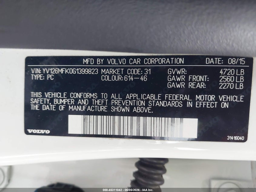 2016 Volvo S60 T5 Drive-E Premier VIN: YV126MFK0G1399823 Lot: 45311042