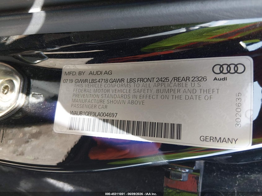 2020 Audi S3 Premium Tfsi Quattro S Tronic VIN: WAUB1GFF9LA004697 Lot: 45311051