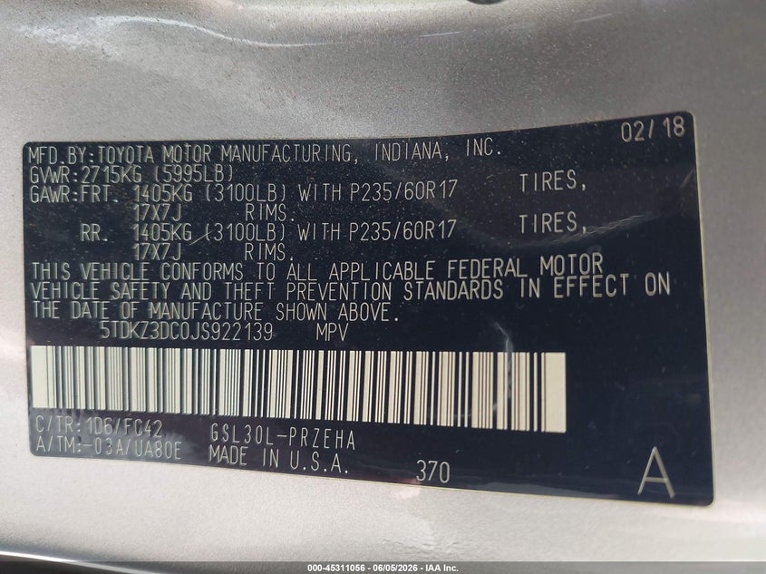 2018 Toyota Sienna Le 8 Passenger VIN: 5TDKZ3DC0JS922139 Lot: 45311056
