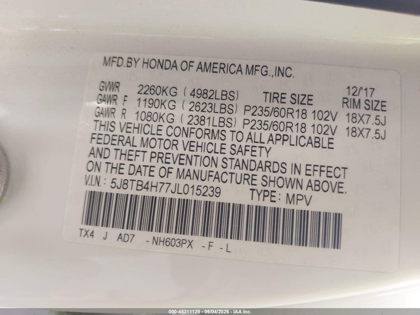 2018 Acura Rdx Advance Package VIN: 5J8TB4H77JL015239 Lot: 45311125