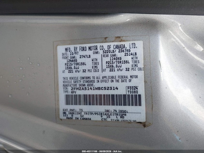 1998 Ford Windstar Gl/Limited/Lx VIN: 2FMZA5141WBC52314 Lot: 45311166