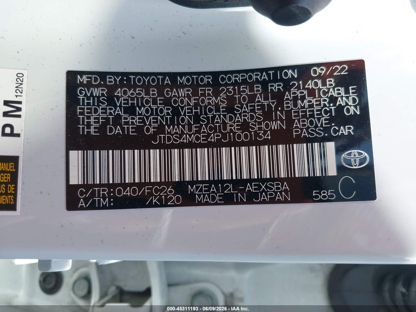 2023 TOYOTA COROLLA 2.0L I-4 DI, DOHC, V(VIN: JTDS4MCE4PJ100134