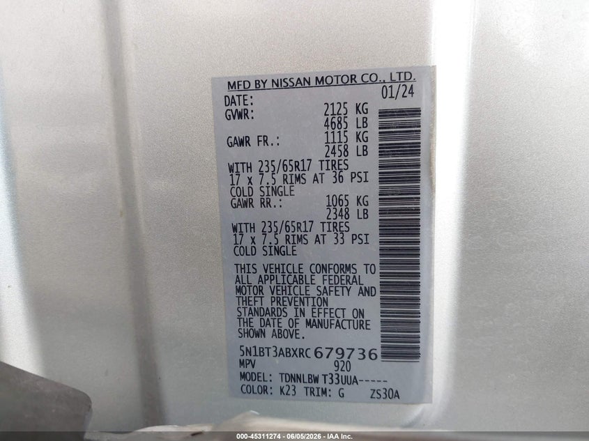 2024 NISSAN ROGUE 1.5L I-3 DI, DOHC, V(VIN: 5N1BT3ABXRC679736