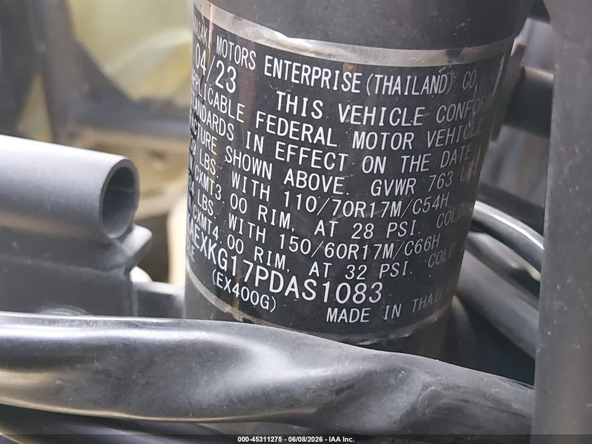 2023 Kawasaki Ex400 VIN: JKAEXKG17PDAS1083 Lot: 45311275