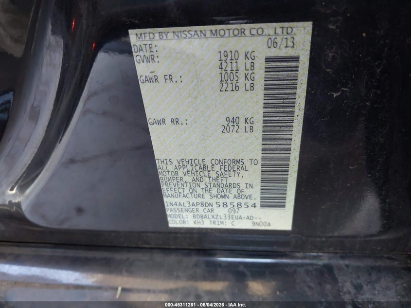 2013 Nissan Altima 2.5 Sl VIN: 1N4AL3AP8DN585854 Lot: 45311281