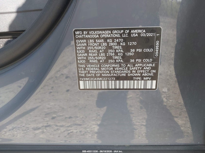 2021 Volkswagen Atlas Cross Sport 2.0T Se W/Technology VIN: 1V2WC2CA3MC221273 Lot: 45311338