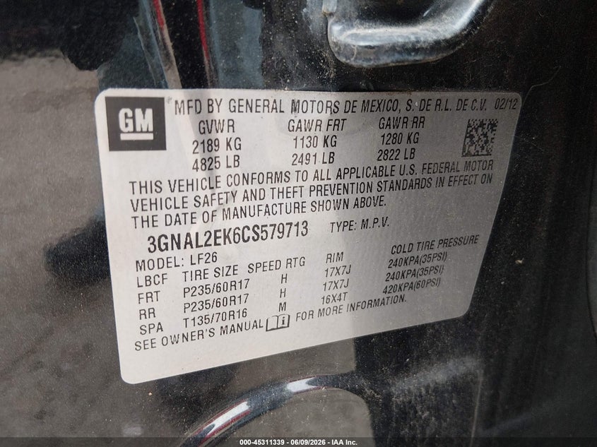2012 Chevrolet Captiva Sport 2Ls VIN: 3GNAL2EK6CS579713 Lot: 45311339