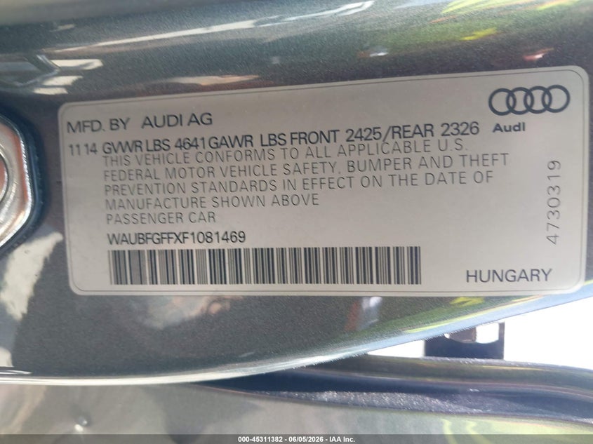 2015 Audi S3 2.0T Premium Plus VIN: WAUBFGFFXF1081469 Lot: 45311382