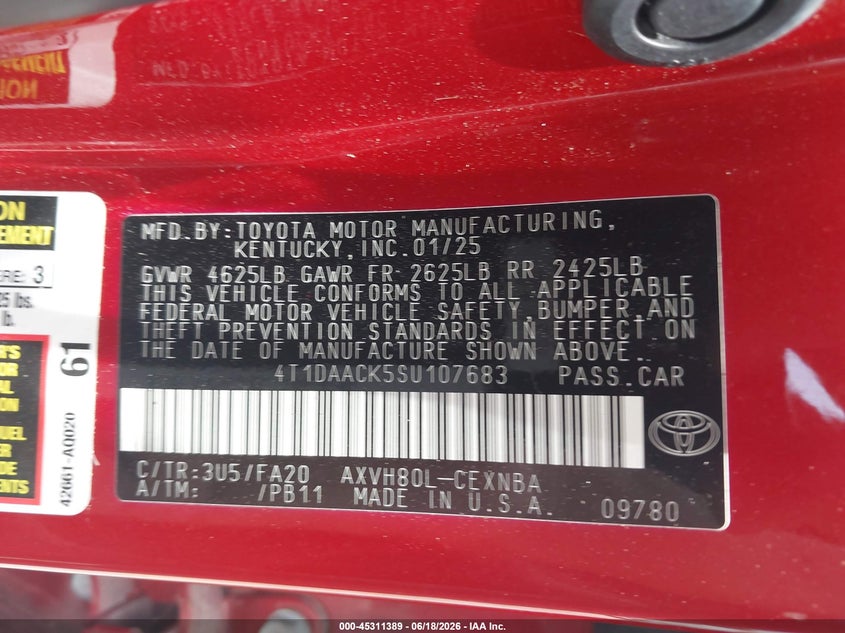 VIN 4T1DAACK5SU107683 2025 TOYOTA CAMRY LE