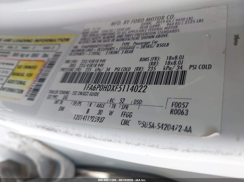 2015 FORD FUSION SEDAN 1.5L I-4 DI, DOHC, VVT, TURBO, 181HP