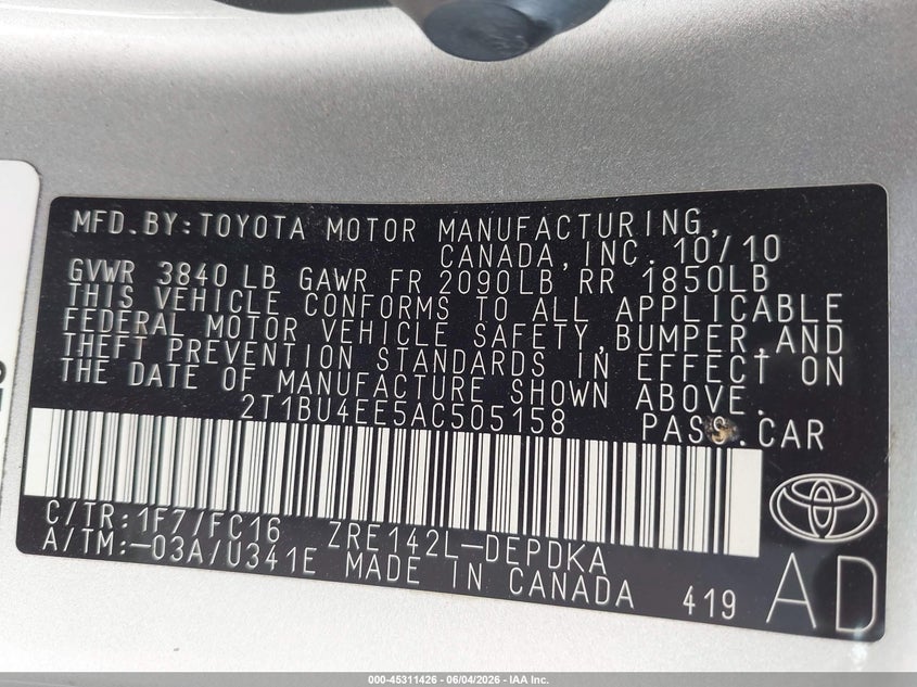2010 Toyota Corolla Le VIN: 2T1BU4EE5AC505158 Lot: 45311426