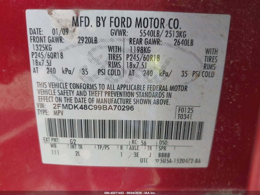 2009 Ford Edge Sel VIN: 2FMDK48C99BA70296 Lot: 45311452