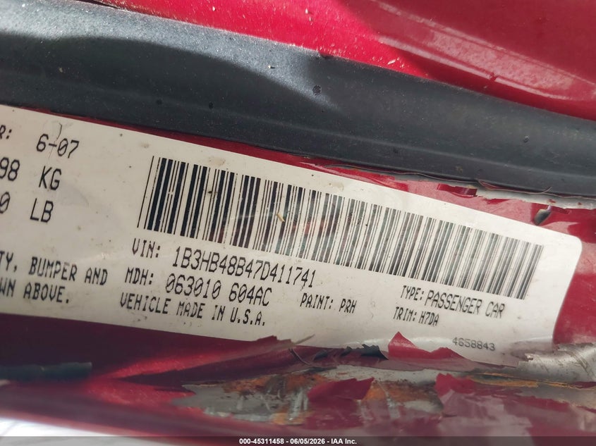 2007 Dodge Caliber Sxt VIN: 1B3HB48B47D411741 Lot: 45311458