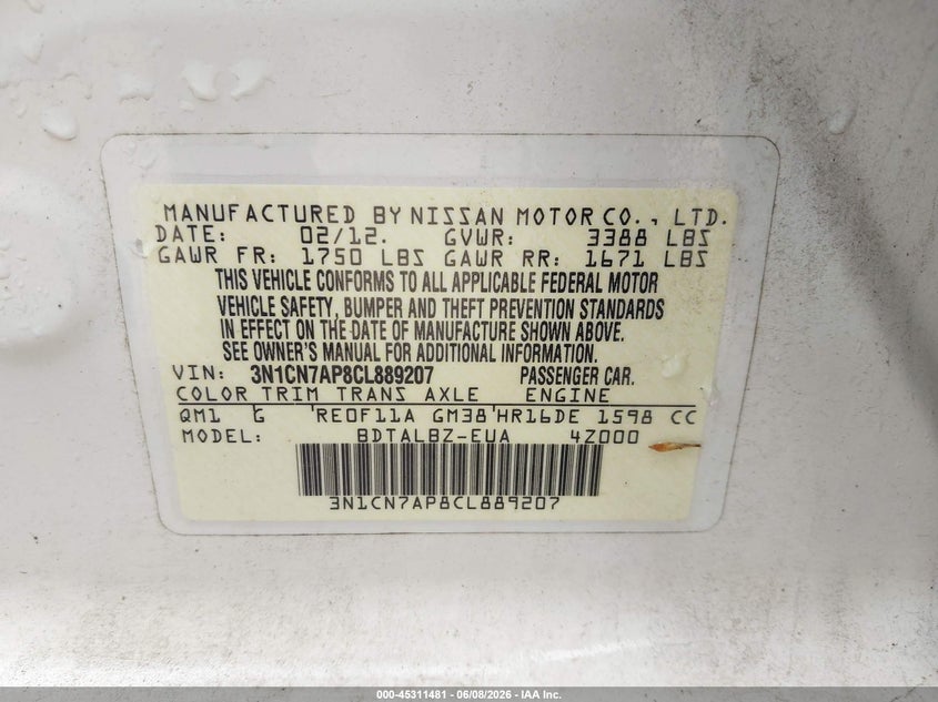2012 Nissan Versa 1.6 1.6 Sv white Lot 111045311481 Vin 3N1CN7AP8CL889207
