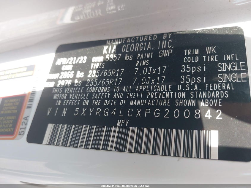 2023 Kia Sorento Lx VIN: 5XYRG4LCXPG200842 Lot: 45311514